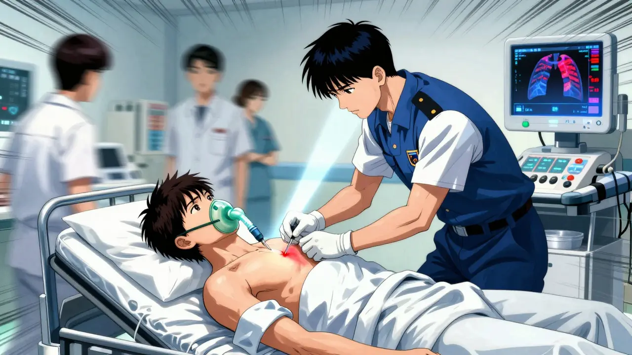 Paramedic performing needle decompression on patient in ER, ultrasound screen showing lung point sign.