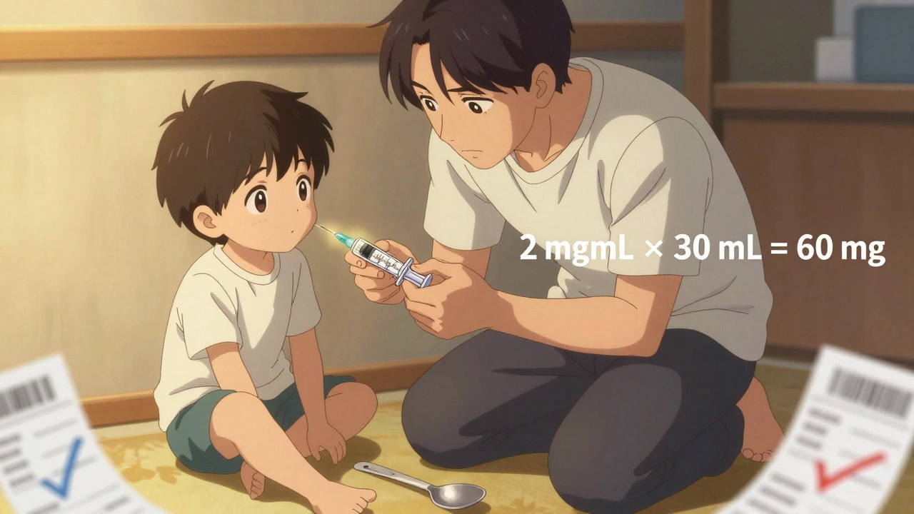Parent carefully administers medicine with oral syringe as discarded spoon lies in shadow, warm light highlights safety.