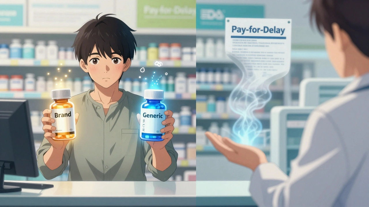 Patient at pharmacy comparing brand and generic pills, invisible side effects visible as energy pulses.