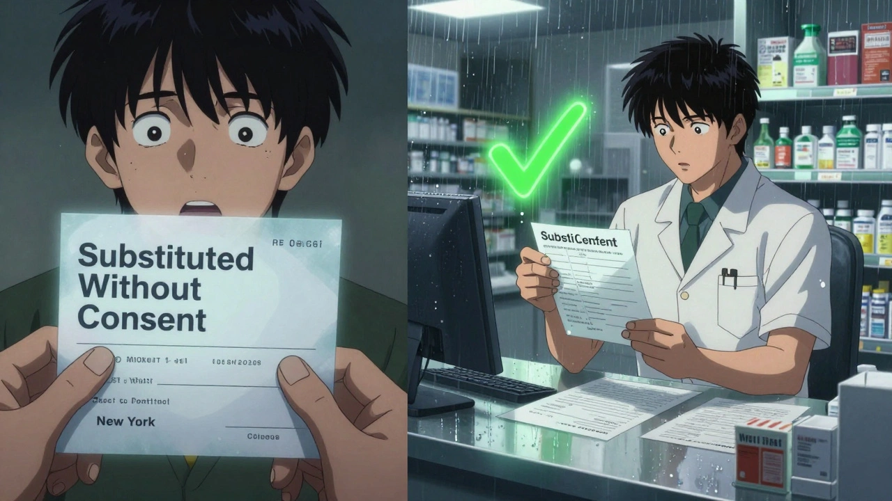 Patient in New York shocked by unseen substitution vs. pharmacist in Hawaii with signed consent form.