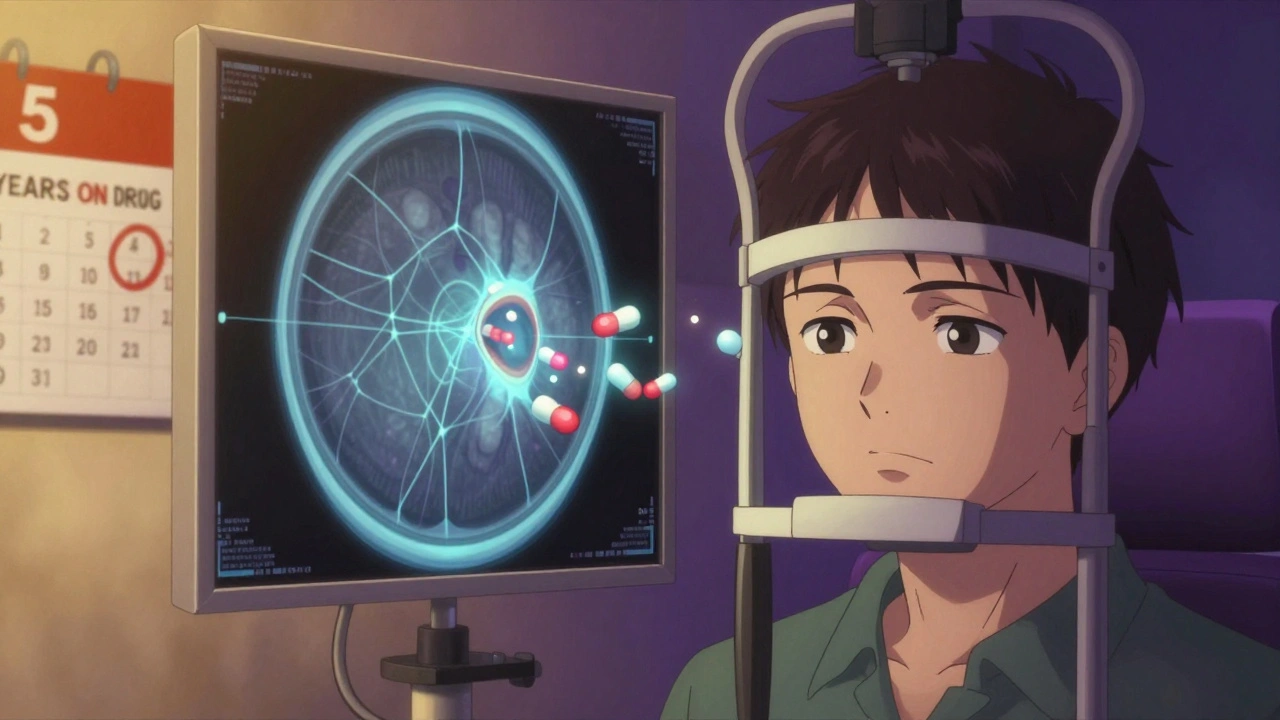 Patient receiving eye exam with retinal scan showing chloroquine-induced damage