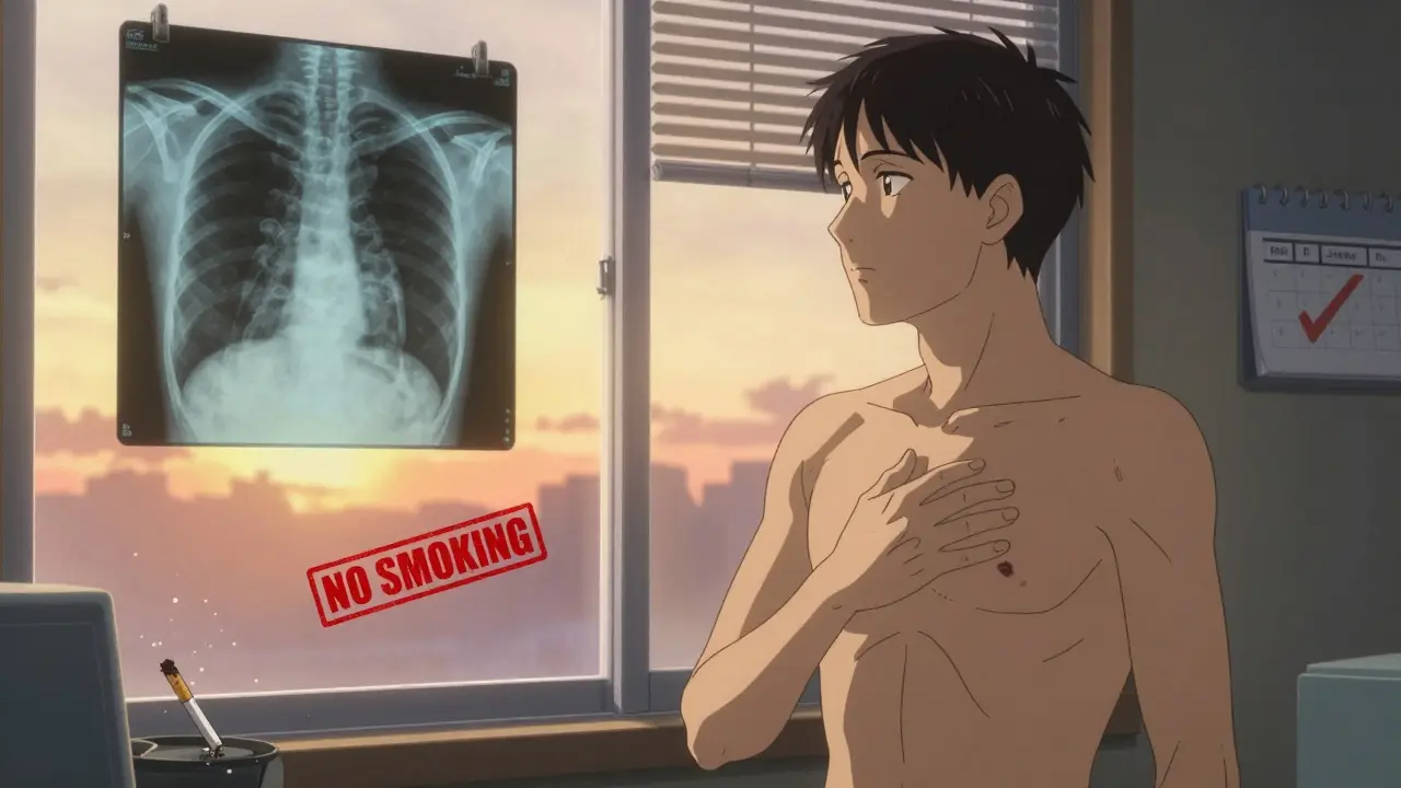 Patient recovering at window, healed chest, X-ray on wall, crushed cigarette in trash below.