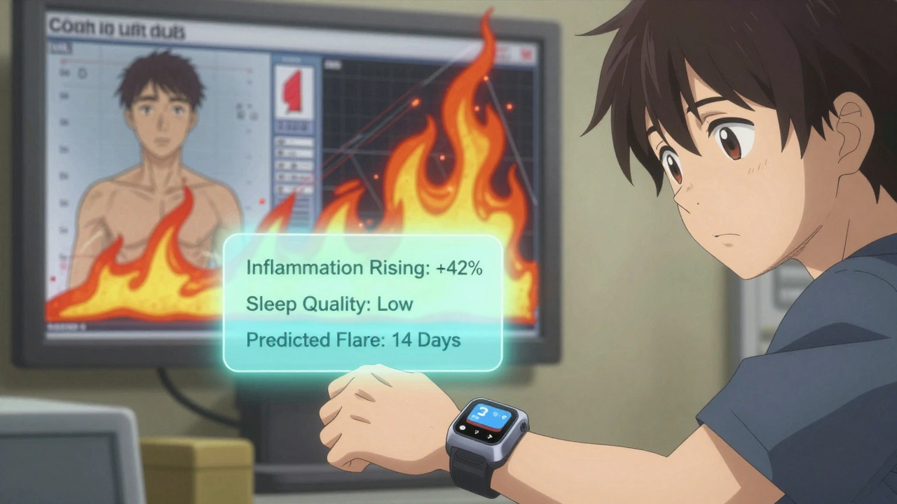 Patient wearing wearable device with floating inflammation alerts and wildfire symbol.