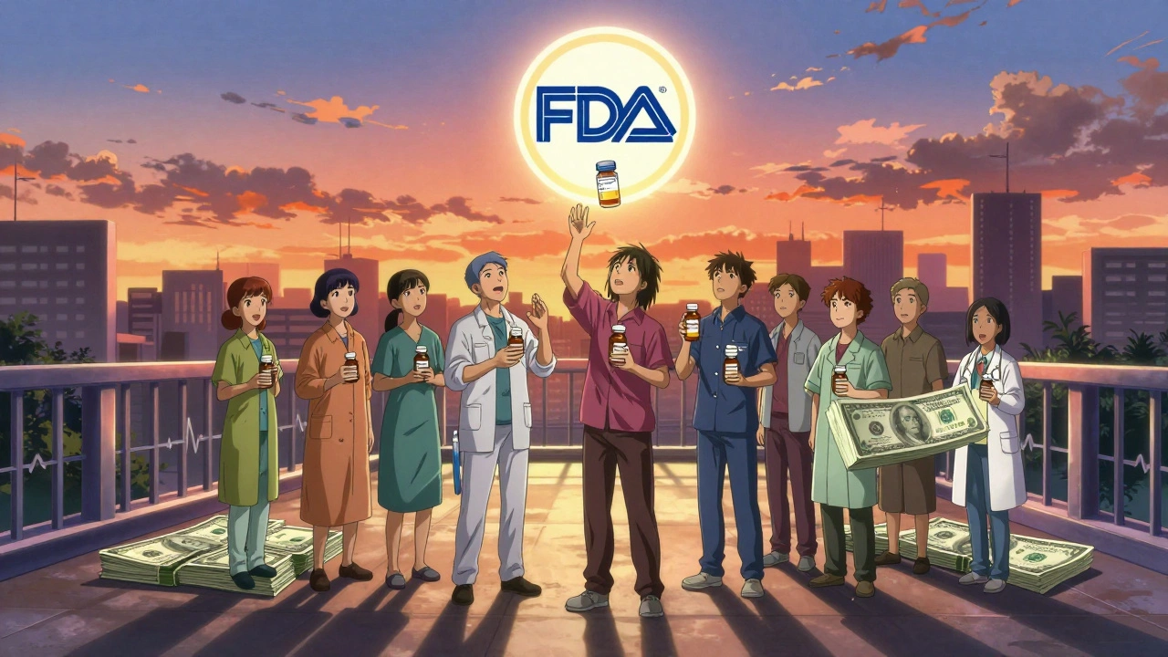 Patients hold generic meds on a bridge of money turning into health symbols, with an FDA seal above.