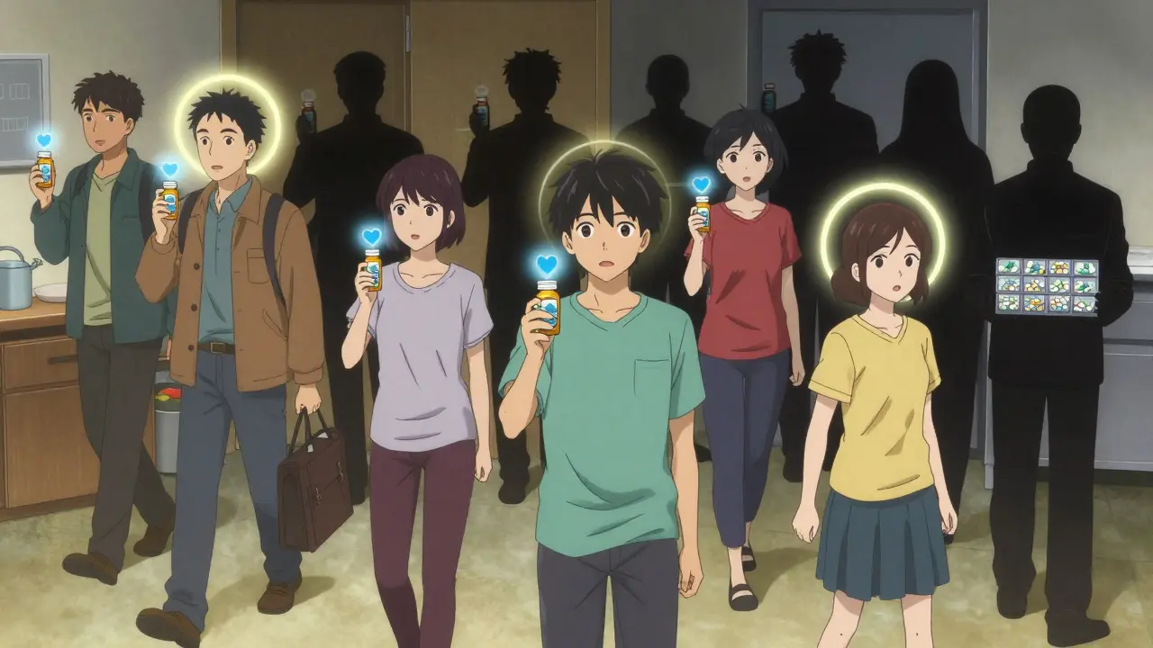 Patients holding one pill each, with glowing heart icons, contrasting with others overwhelmed by multiple pills.