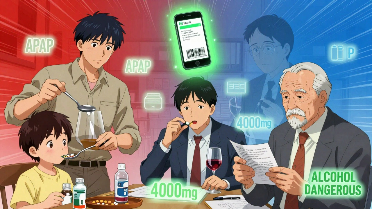 People in daily life with warning symbols floating around them, smartphone scanning medicine for acetaminophen content.