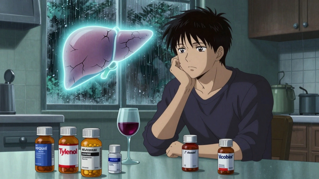 Person at table surrounded by painkiller bottles and a glass of wine, ghostly cracked liver above.