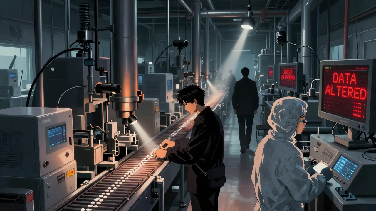 Pharmaceutical factory with inspectors monitoring automated pill testing under dramatic lighting.