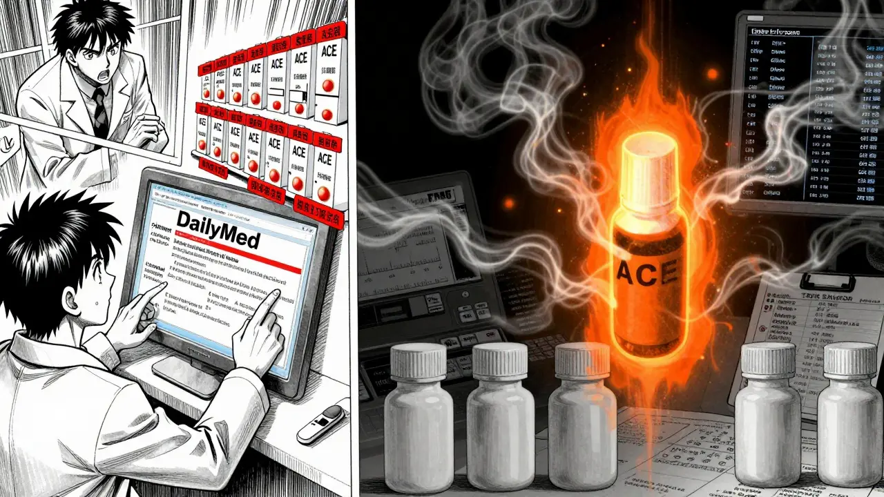 Pharmacist comparing red and orange warning tags for different drugs on a digital screen.