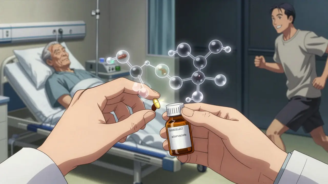Pharmacist handing a pill bottle with molecular structures floating around it, showing heart medication combo.
