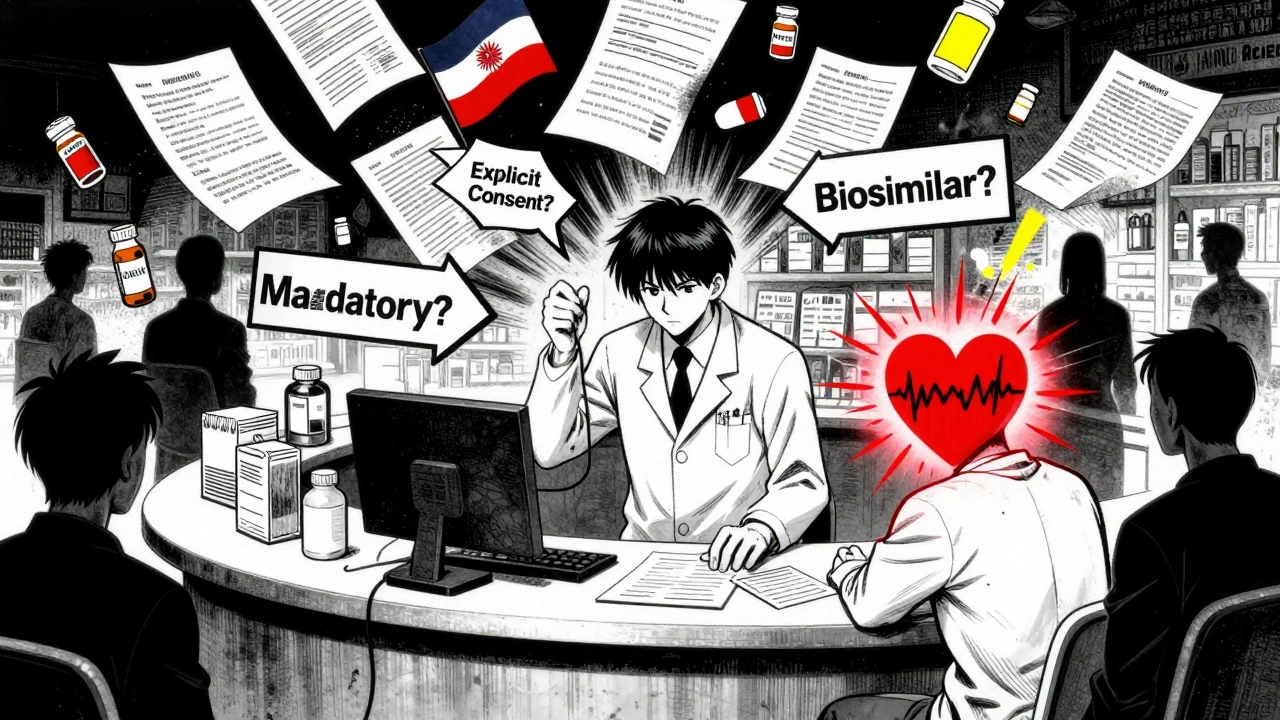 Pharmacist overwhelmed by conflicting state laws as medical alerts flash around a cancer patient&#039;s prescription.