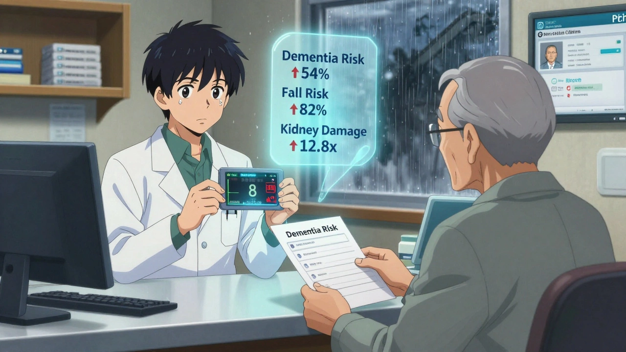 Pharmacist reviewing senior&#039;s medications with digital risk warnings floating nearby.