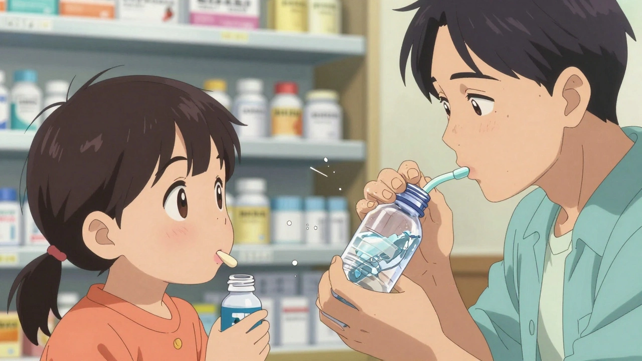 Pharmacist showing parent and child how to swallow a tablet using a water bottle technique.