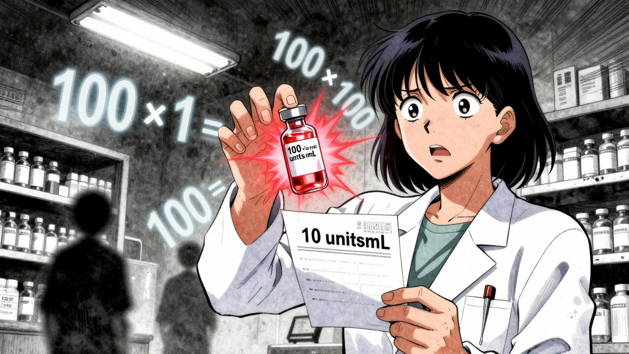 Pharmacist stares in horror at mismatched medication labels, glowing calculations float around her in dramatic lighting.