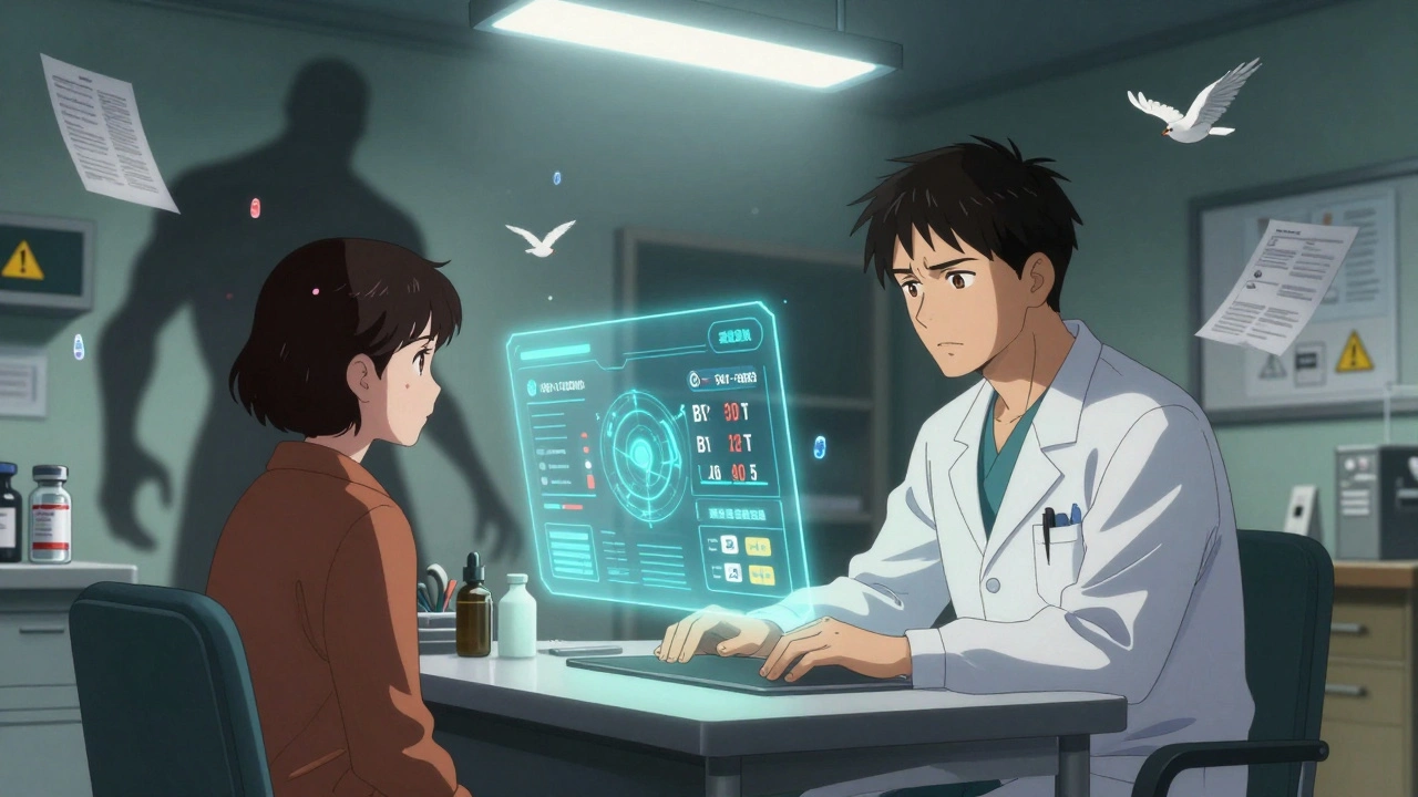 Rheumatologist and patient view holographic immune data, patient's shadow morphing into infection threats in clinic.