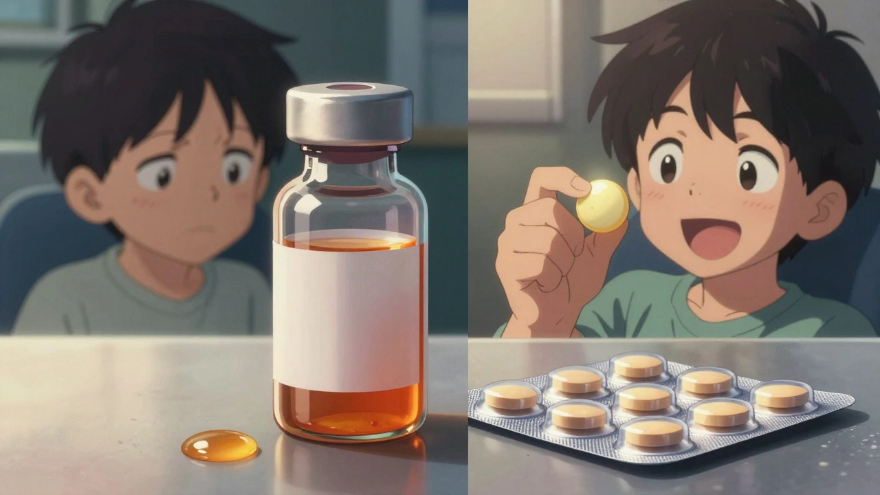 Side-by-side comparison: spilled liquid medicine vs. a child happily holding a mini-tablet.