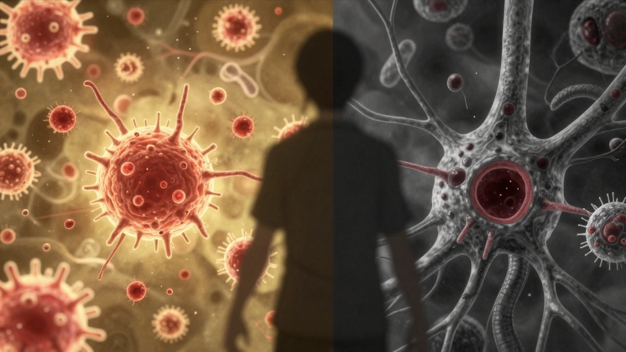 Split scene: healthy immune system vs. suppressed immune system under JAK inhibitor, with a hidden blood clot in veins.