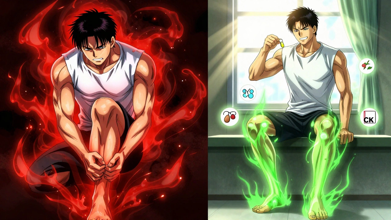 Split scene: man in pain with dark energy vs. same man healed with green light and medical icons.
