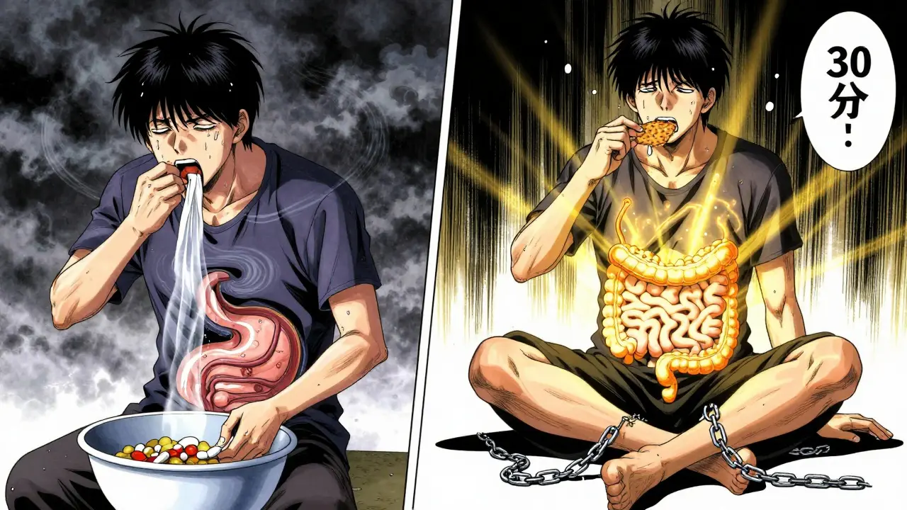 Split scene: nausea from opioid with food vs. relief from proper timing and bland diet.