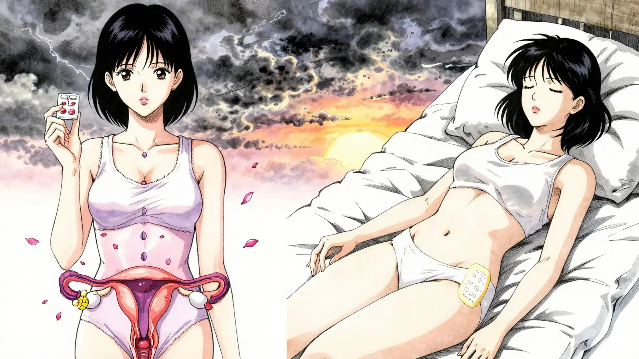 Split scene of a woman in perimenopause and postmenopause with symbolic bleeding and peaceful sleep.