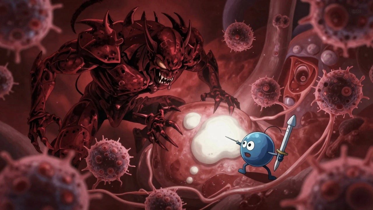 Swollen tonsil with pus, attacked by glowing penicillin molecule against demonic bacteria.