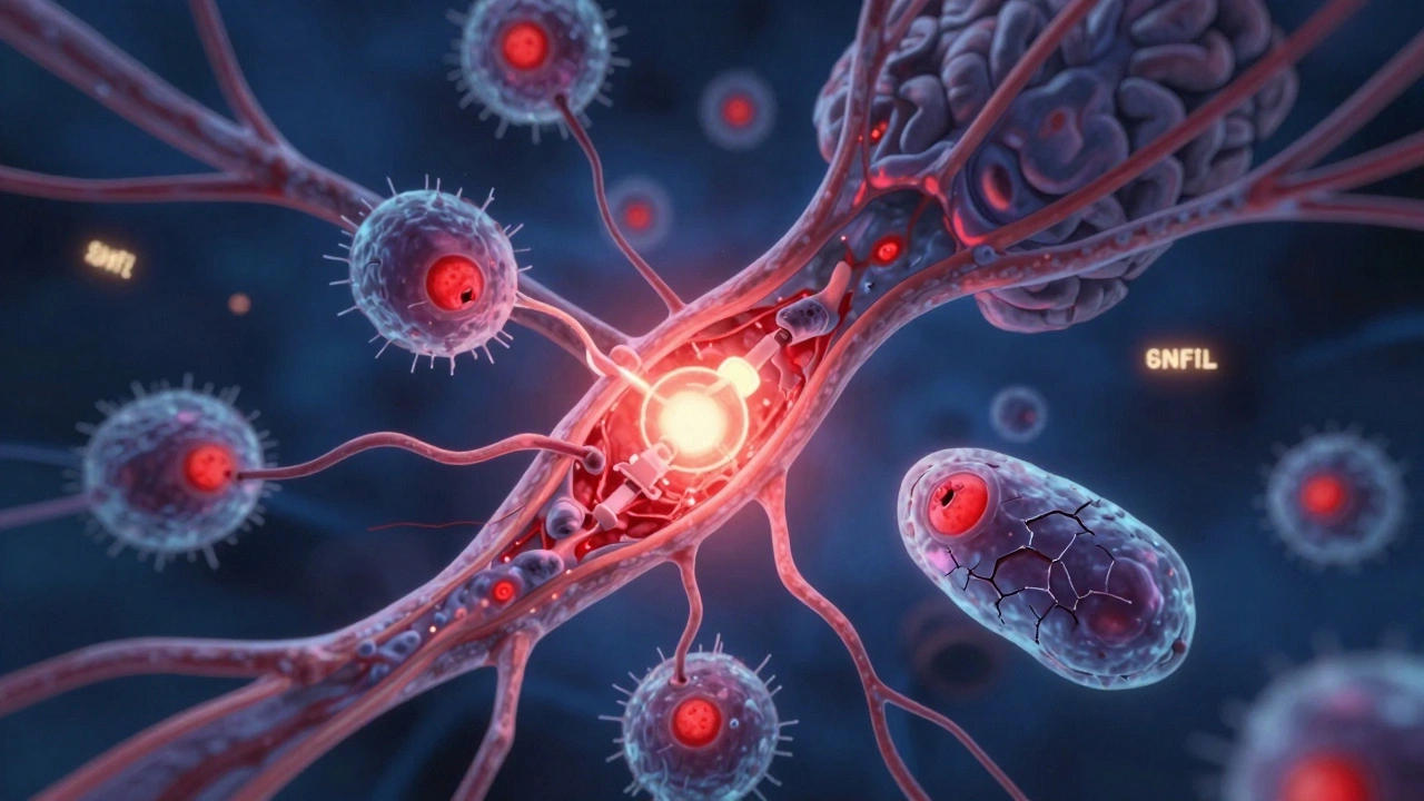T cells and B cells destroying an optic nerve with glowing antibodies, oligodendrocyte fading nearby.