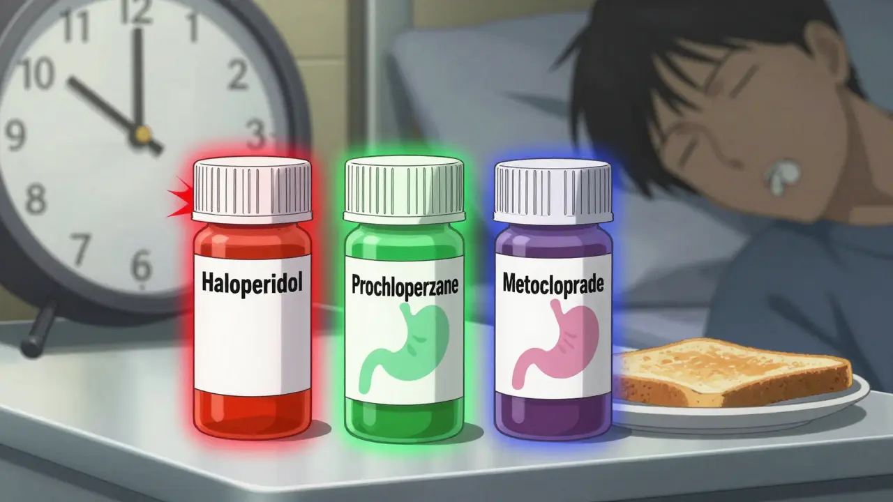 Three antiemetic medications with symbolic auras on a nightstand beside toast and a clock.
