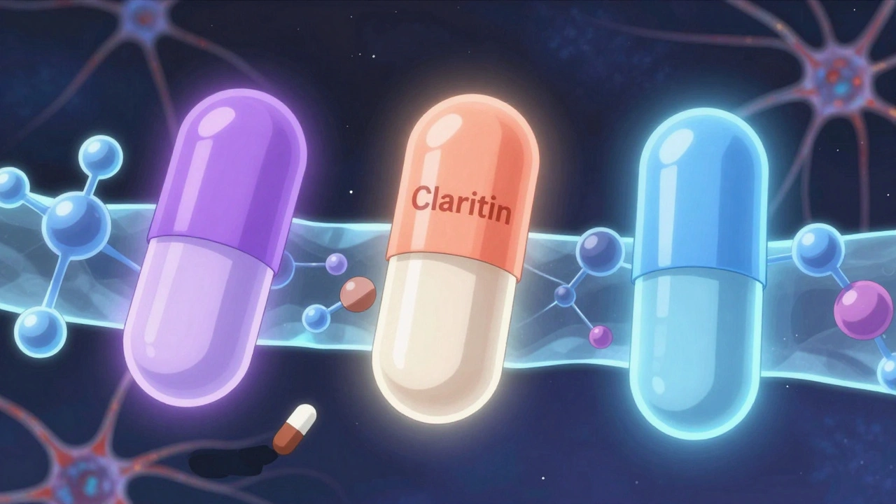 Three stylized antihistamine pills with molecular structures, contrasting with a blood-brain barrier.