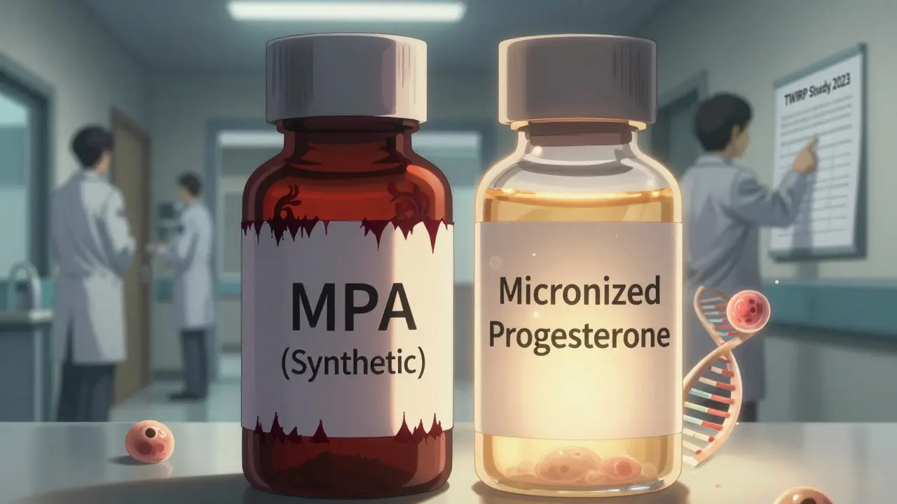 Two hormone bottles contrast synthetic and natural progesterone with glowing DNA and breast tissue cells.