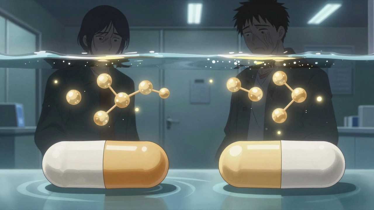 Two identical pills dissolving in water, revealing matching molecular structures in glowing particles.