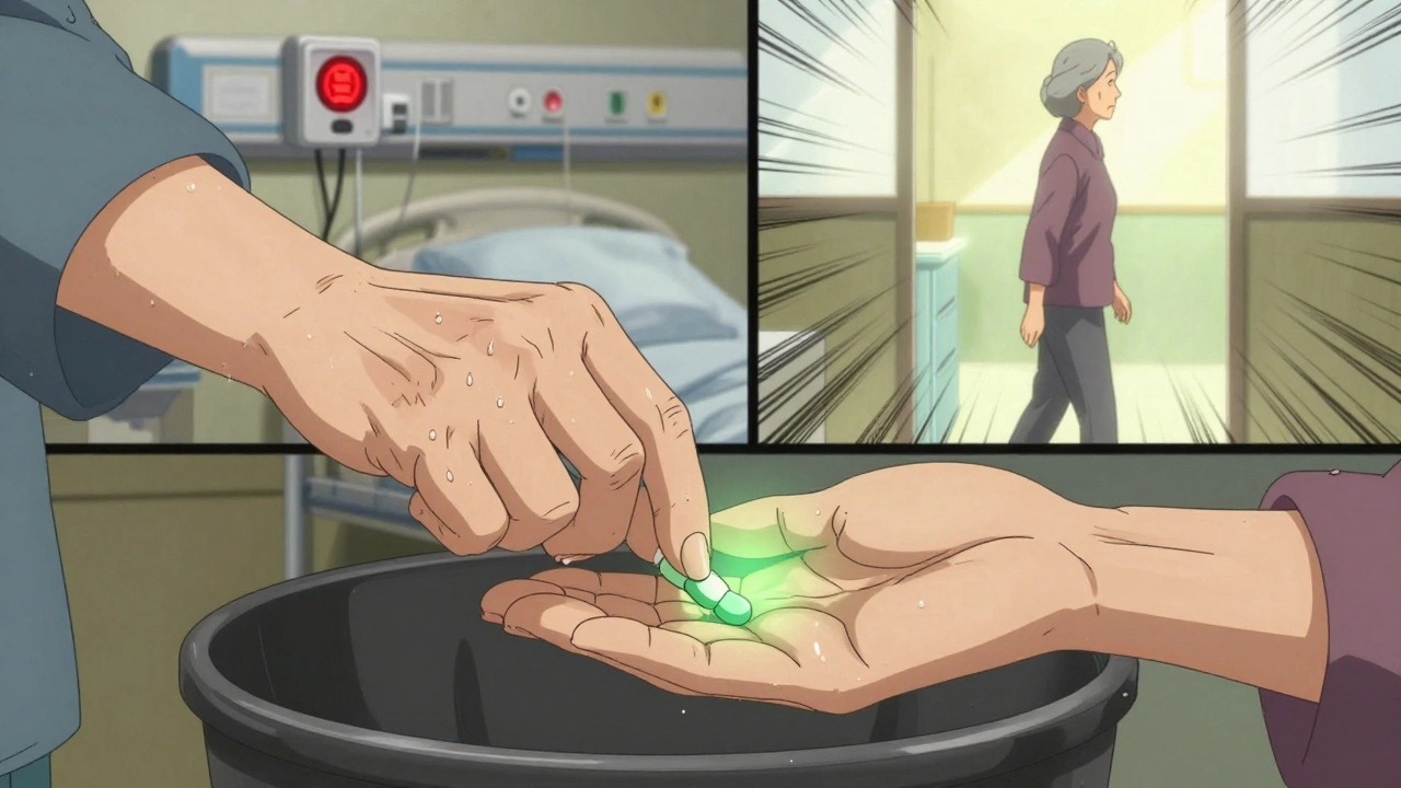 Woman discarding glyburide pill while holding a safer alternative in her hand.