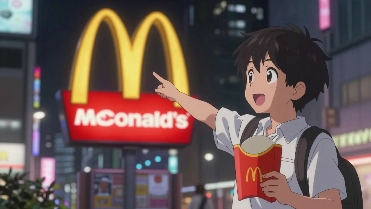 A child in Tokyo points at a glowing McDonald’s sign, with a translucent future self holding the same Happy Meal in the background.