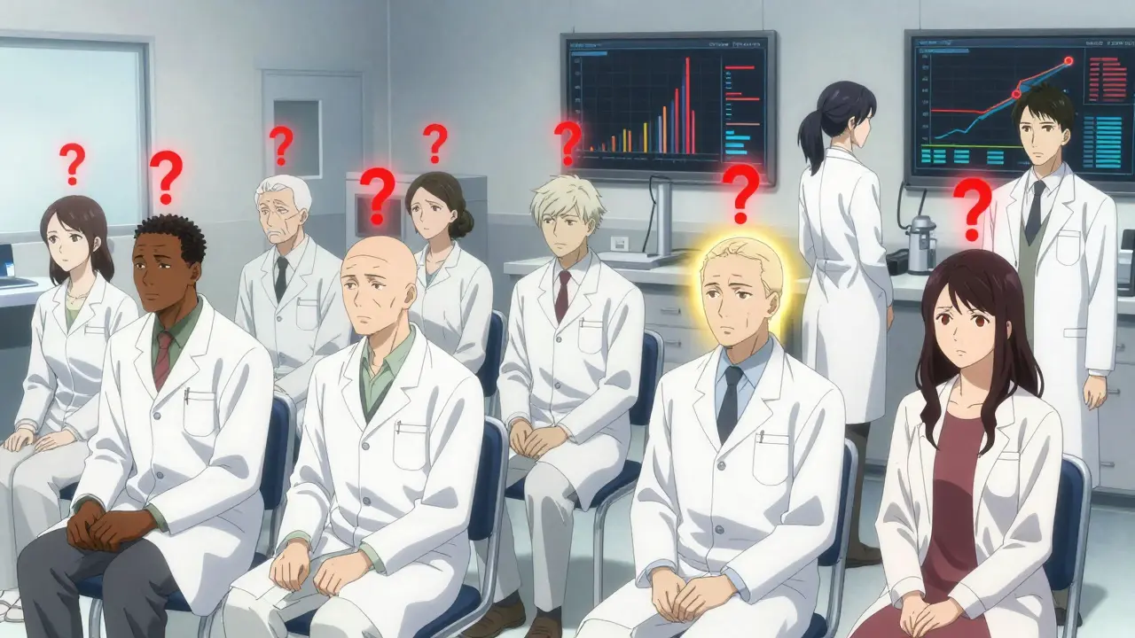 A clinical trial room with mostly white participants, one Black and one Hispanic patient isolated and overlooked.