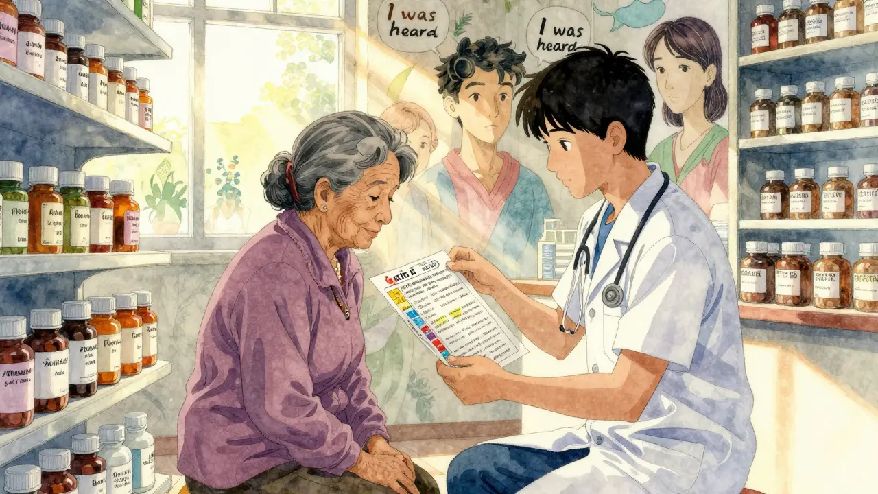 A community health worker helps a Hispanic grandmother understand medication with a hand-drawn chart in sunlight.