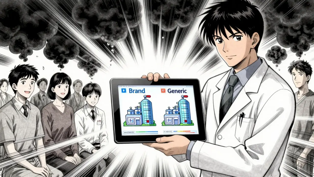A doctor shows a blockchain visualization proving generic and brand pills are made identically, patients' stress fading.