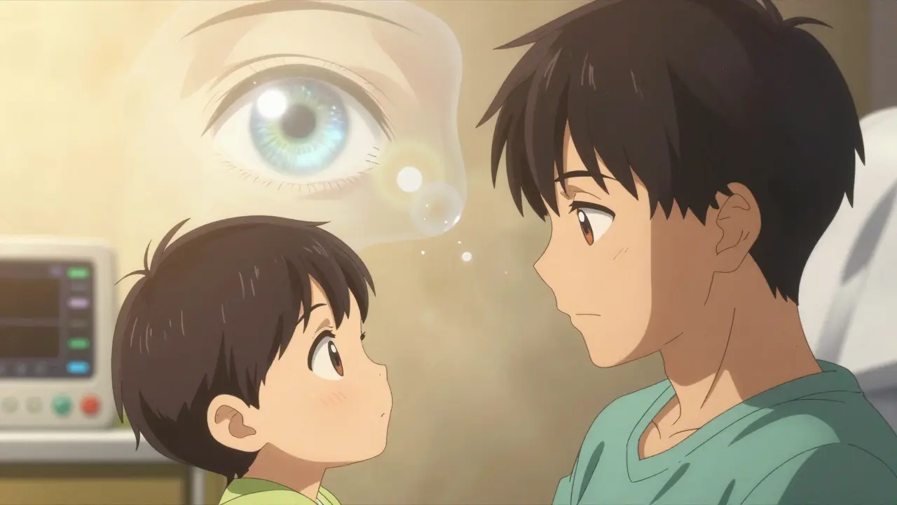 A patient sees their grandchild clearly after cataract surgery, with the old cloudy lens fading away in the background.