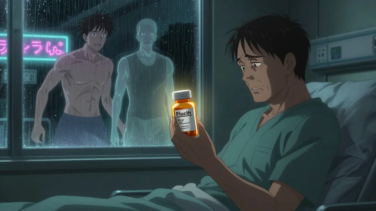 A patient staring at a generic pill bottle, with ghostly versions of their healthy and fatigued self behind them.