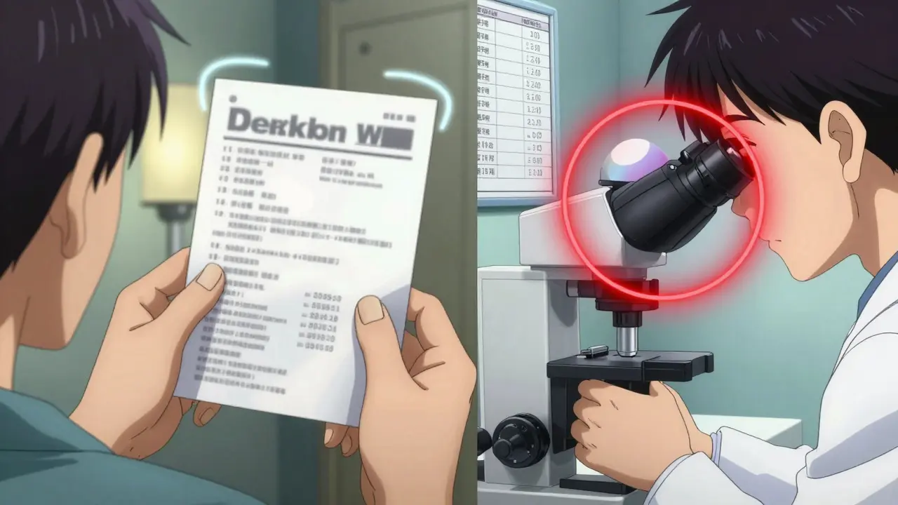 A patient struggling to read blurred text while a doctor detects early cataract signs through a slit-lamp microscope.