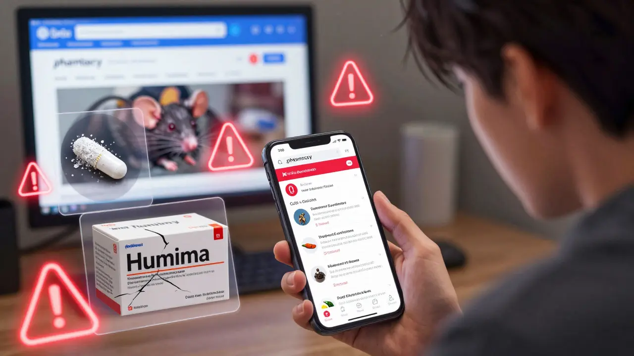 A person holding a phone with a fake pharmacy site, while ghostly images of fentanyl and rat poison emerge from the pills.