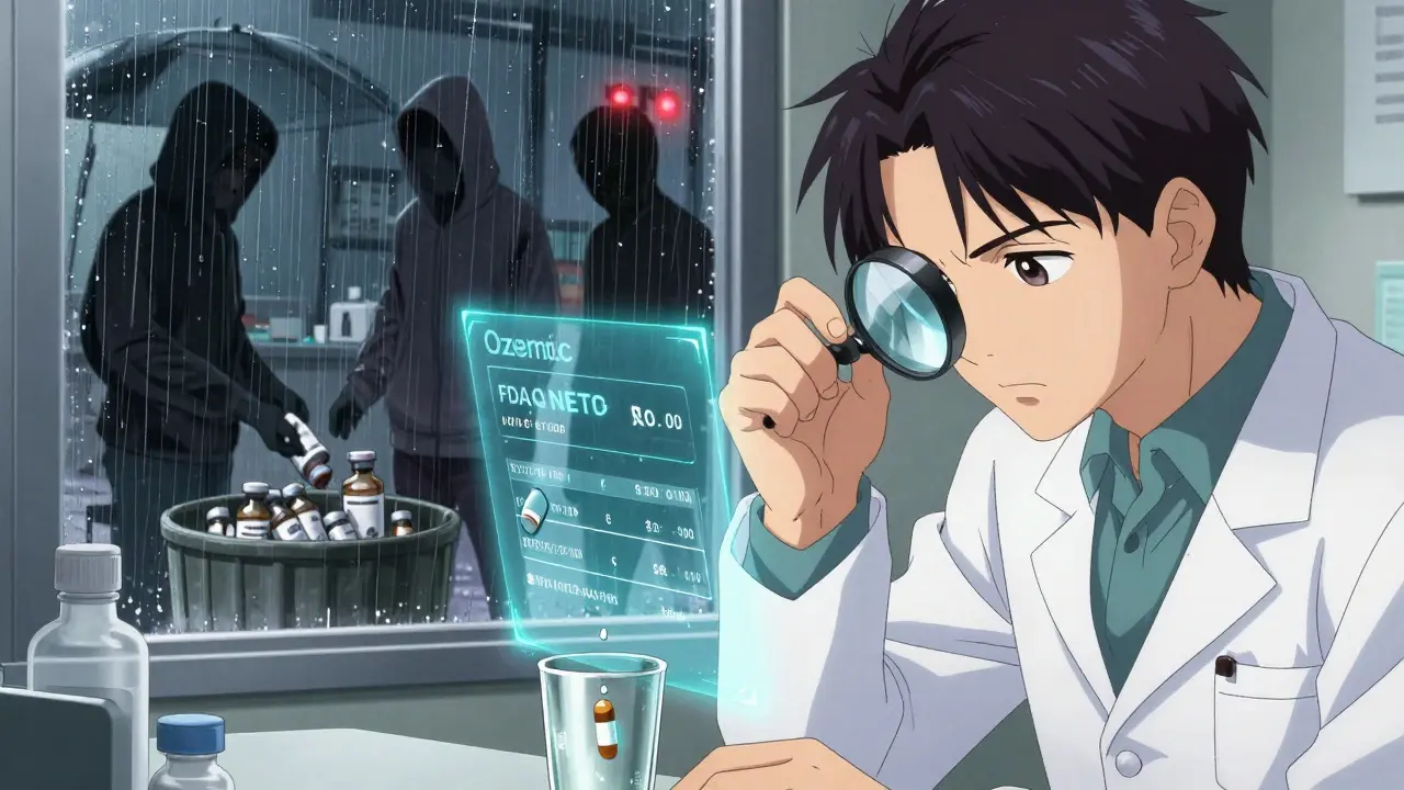 A pharmacist examining a pill under a magnifier with a holographic FDA verification overlay, shadows of counterfeiters in the background.