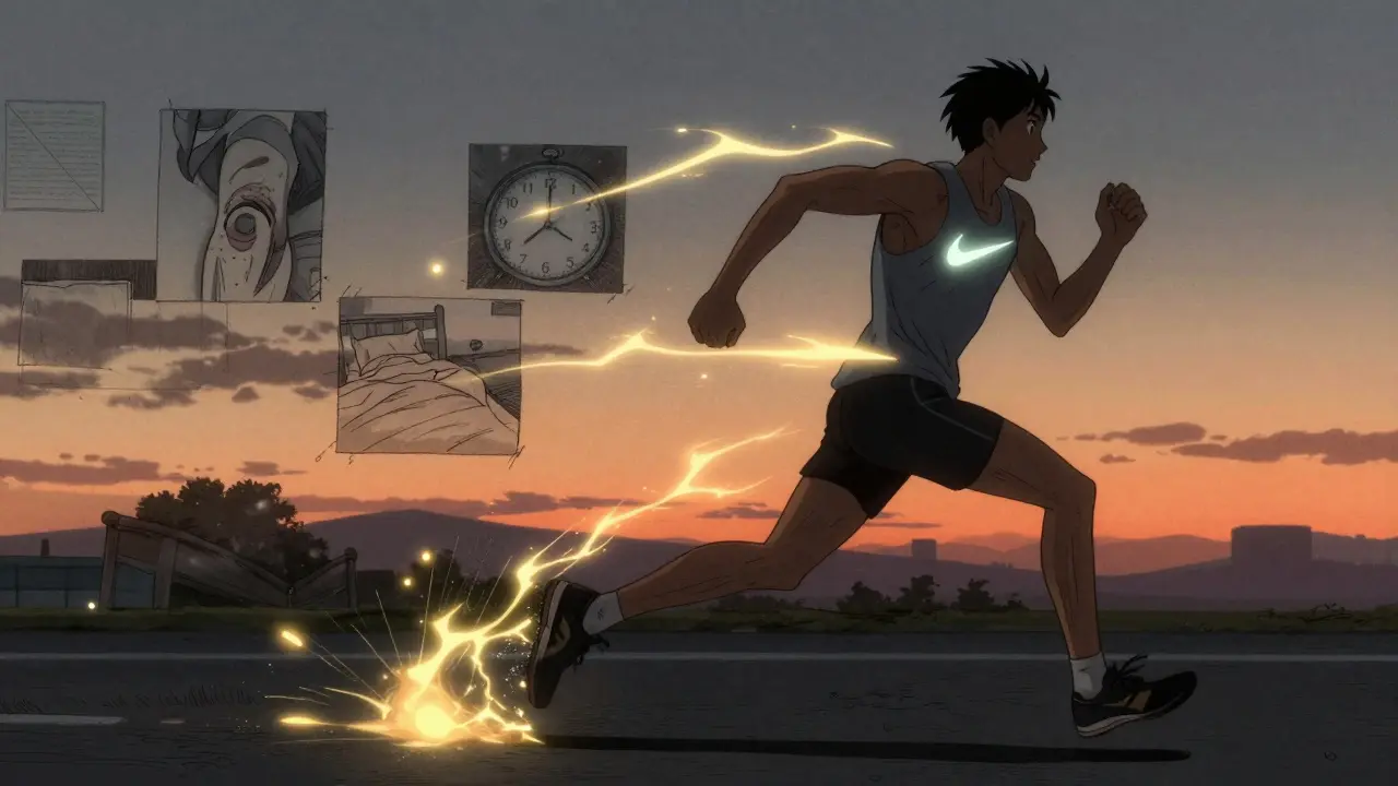 A runner dashes at dawn with Nike’s swoosh glowing, golden energy trails behind them, showing fragments of past struggles.