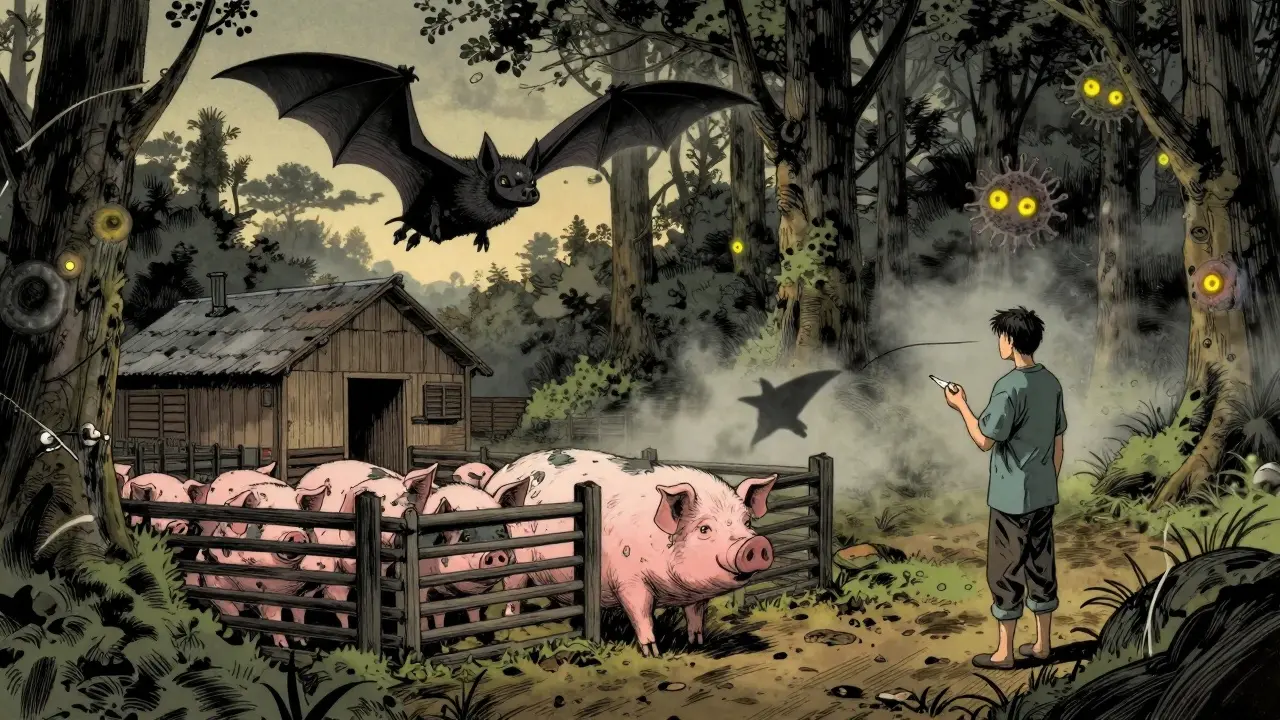 Bat flying over a farm at dusk, casting a shadow on a sick pig and a farmer.