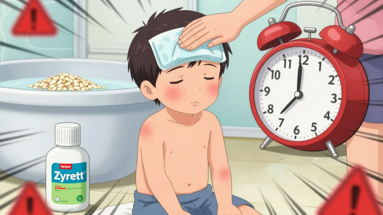 Child with mild rash receives cool compress, Zyrtec bottle and oatmeal bath nearby.