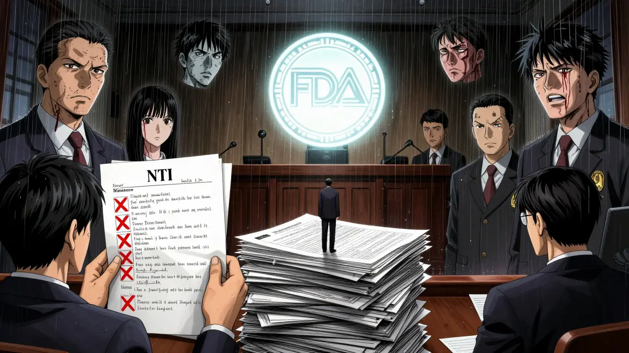 Courtroom battle between FDA science and state NTI lists, with floating patient outcomes and dramatic lighting.