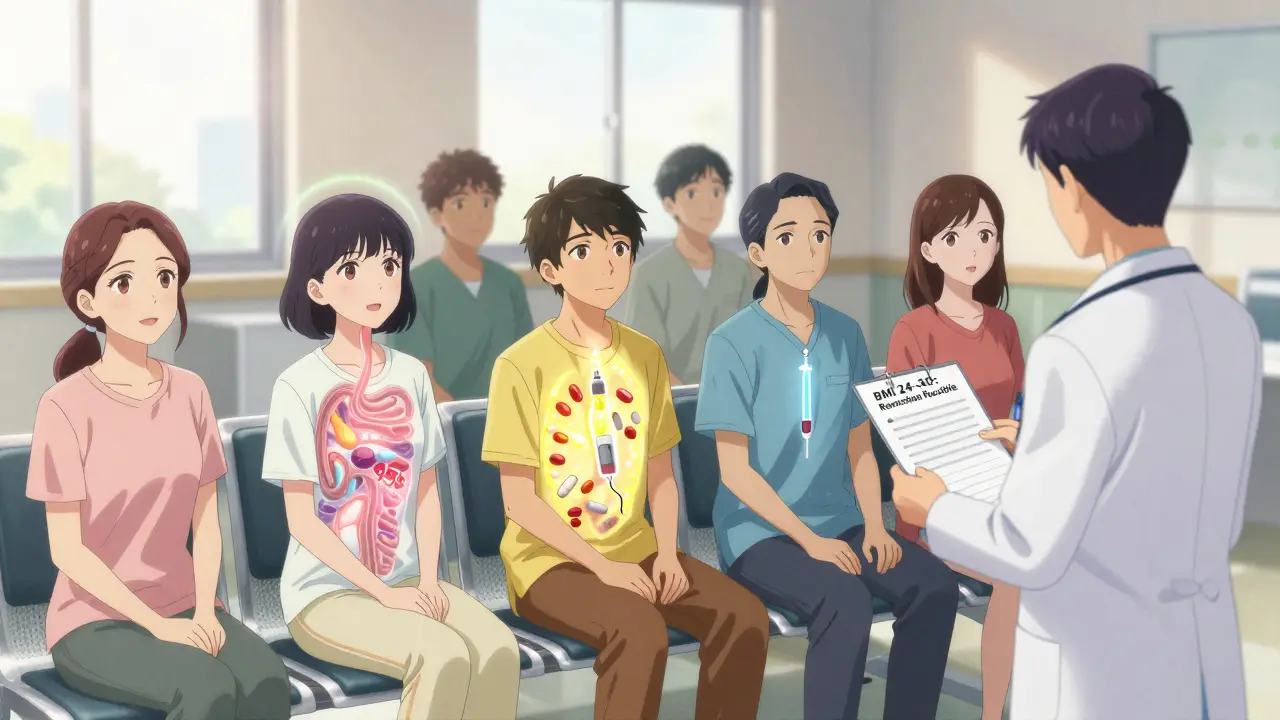 Diverse patients in a clinic with translucent overlays showing their metabolic remission progress.