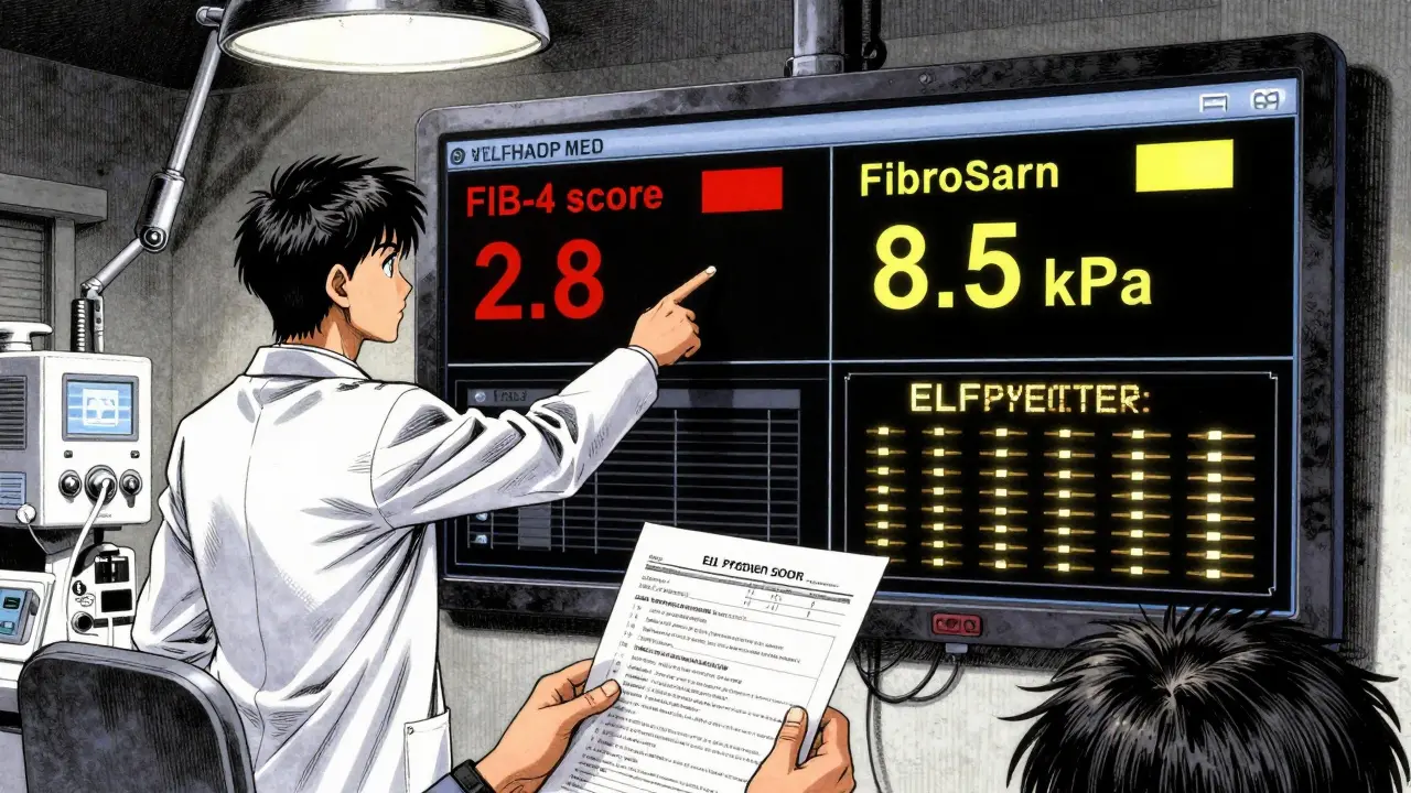 Doctor comparing conflicting liver fibrosis test results on a digital screen with patient holding lab report.
