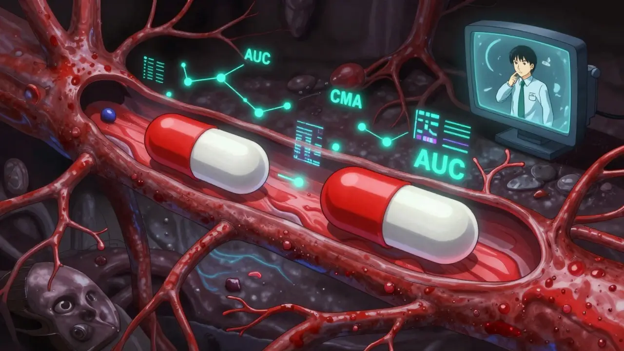 Drug molecules traveling in sync through a human bloodstream with data streams.