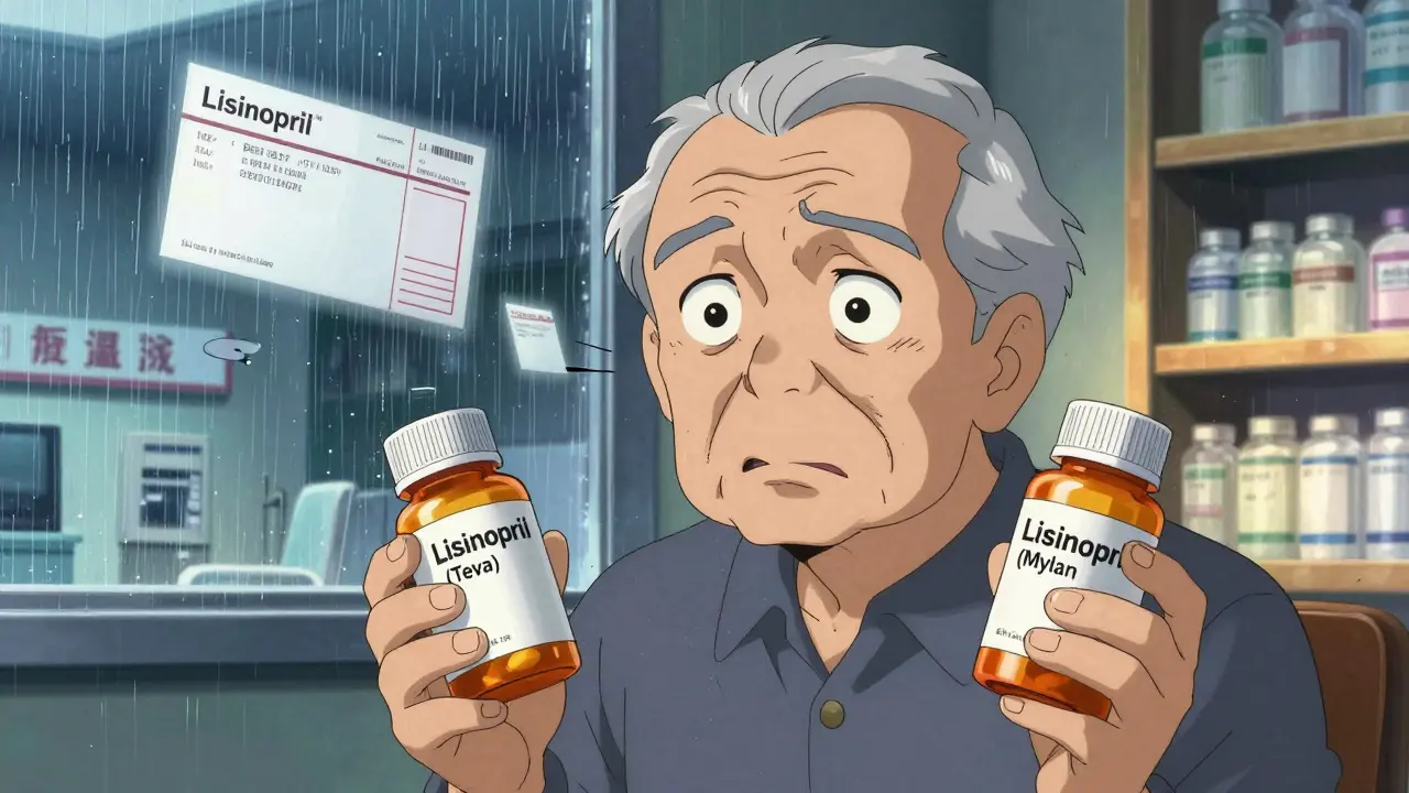 Elderly patient holding two generic pill bottles, looking anxious as images of a hospital flash behind them.