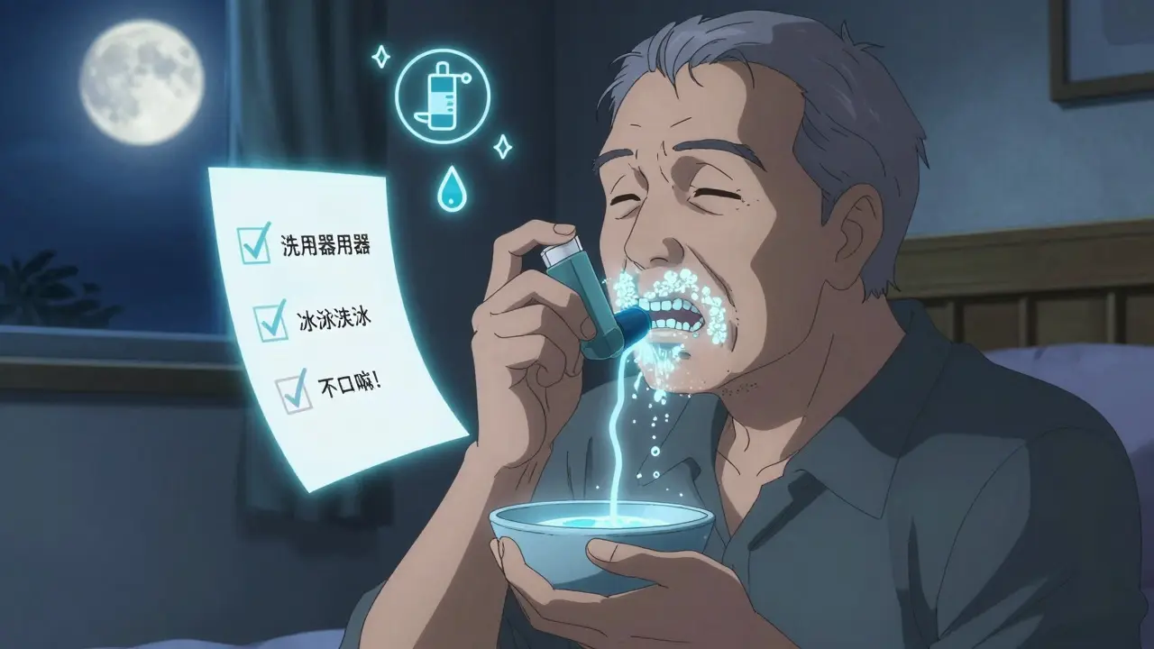 Elderly person rinsing mouth at night, fungal patches fading as water flows.