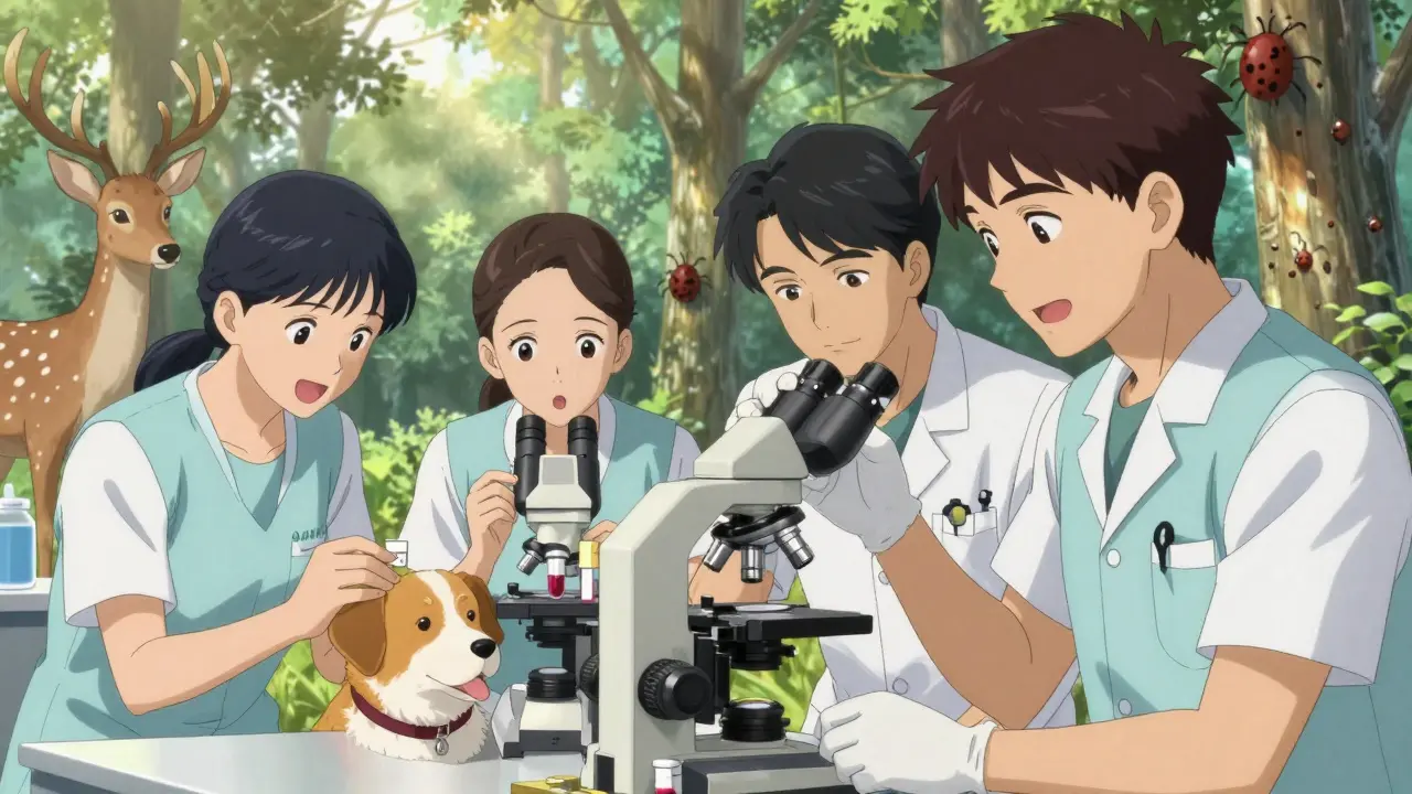 Medical team and vet working together in a field lab with animals in background.